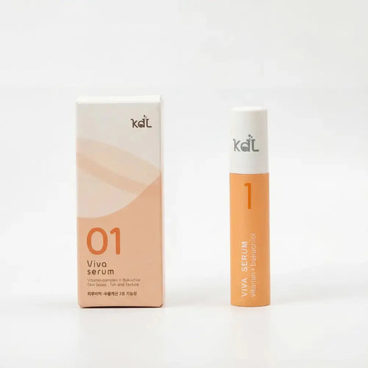 Sérum vitamínico KDL Viva con empaque: formulado con vitamina C y bakuchiol para potenciar la luminosidad y la vitalidad de la piel.